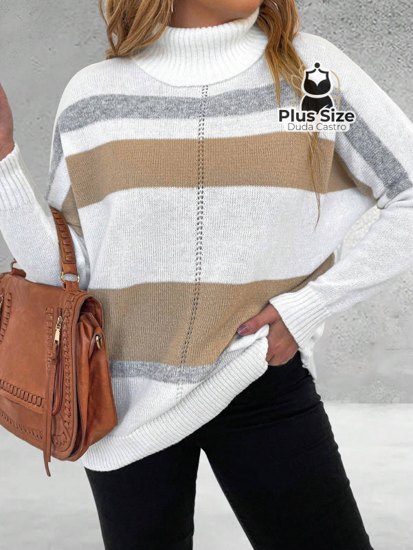 Suéter Inverno Elegante em Lã Penteada com Listras Contrastantes Suéter Inverno Elegante em Lã Penteada com Listras