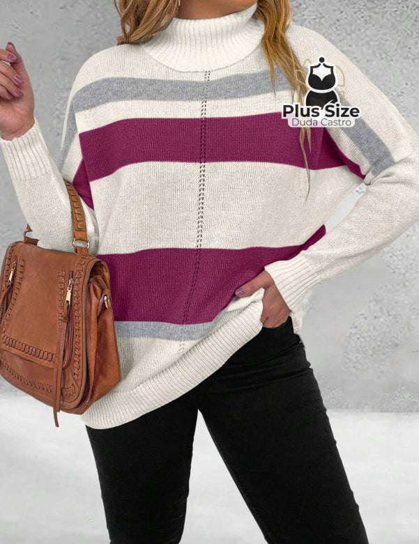 Suéter Inverno Elegante em Lã Penteada com Listras Contrastantes Suéter Inverno Elegante em Lã Penteada com Listras