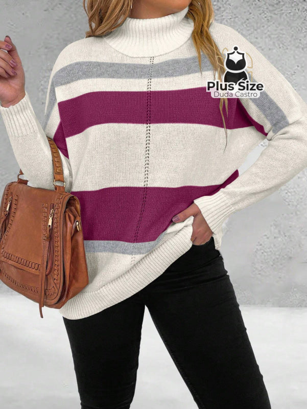 Suéter Inverno Elegante em Lã Penteada com Listras Contrastantes Suéter Inverno Elegante em Lã Penteada com Listras
