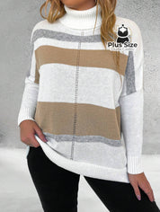 Suéter Inverno Elegante em Lã Penteada com Listras Contrastantes Bege / G Suéter Inverno Elegante em Lã Penteada com