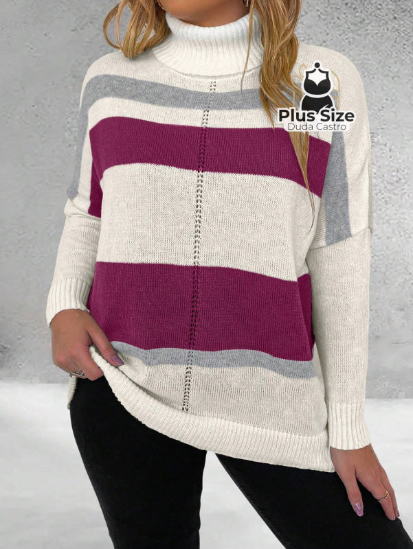 Suéter Inverno Elegante em Lã Penteada com Listras Contrastantes Rosa / G Suéter Inverno Elegante em Lã Penteada com