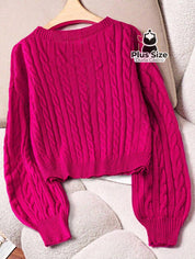 Suéter Plus Size Elegante em Lã Penteada Decote Careca Tricô Trançado Várias Cores Suéter Plus Size Elegante Ajuste