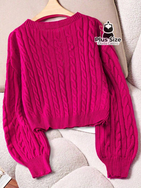 Suéter Plus Size Elegante em Lã Penteada Decote Careca Tricô Trançado Várias Cores Suéter Plus Size Elegante Ajuste