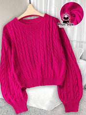 Suéter Plus Size Elegante em Lã Penteada Decote Careca Tricô Trançado Várias Cores Suéter Plus Size Elegante Ajuste