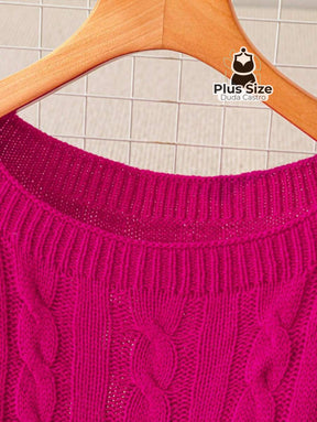 Suéter Plus Size Elegante em Lã Penteada Decote Careca Tricô Trançado Várias Cores Suéter Plus Size Elegante Ajuste