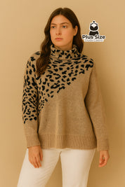 Suéter Plus Size Instinto de Luxo – Tricô Quentinho com Gola Alta e Animal Print Sofisticado Suéter Plus Size Instinto