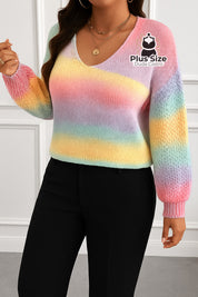 Suéter Tricotado em Lã Acrílica e Poliamida em Degradê de Arco-Íris Plus Size Suéter Tricotado em Lã Acrílica e