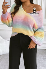 Suéter Tricotado em Lã Acrílica e Poliamida em Degradê de Arco-Íris Plus Size Suéter Tricotado em Lã Acrílica e