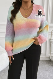 Suéter Tricotado em Lã Acrílica e Poliamida em Degradê de Arco-Íris Plus Size Suéter Tricotado em Lã Acrílica e