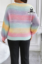Suéter Tricotado em Lã Acrílica e Poliamida em Degradê de Arco-Íris Plus Size Suéter Tricotado em Lã Acrílica e