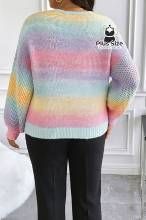 Suéter Tricotado em Lã Acrílica e Poliamida em Degradê de Arco-Íris Plus Size Suéter Tricotado em Lã Acrílica e