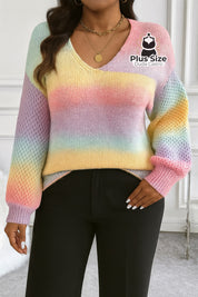 Suéter Tricotado em Lã Acrílica e Poliamida em Degradê de Arco-Íris Plus Size Suéter Tricotado em Lã Acrílica e