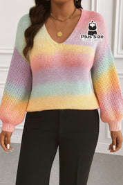 Suéter Tricotado em Lã Acrílica e Poliamida em Degradê de Arco-Íris Plus Size Suéter Tricotado em Lã Acrílica e