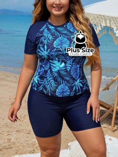 Tankini De Shortinho Liso E Blusa Meia Manga