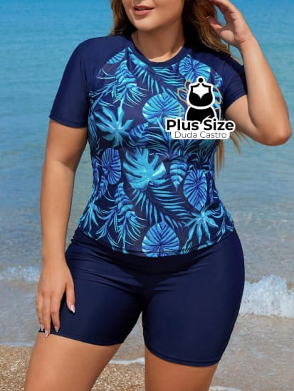 Tankini De Shortinho Liso E Blusa Meia Manga