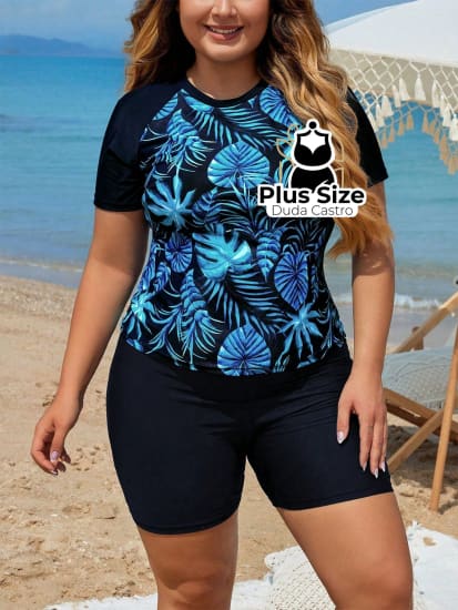 Tankini De Shortinho Liso E Blusa Meia Manga