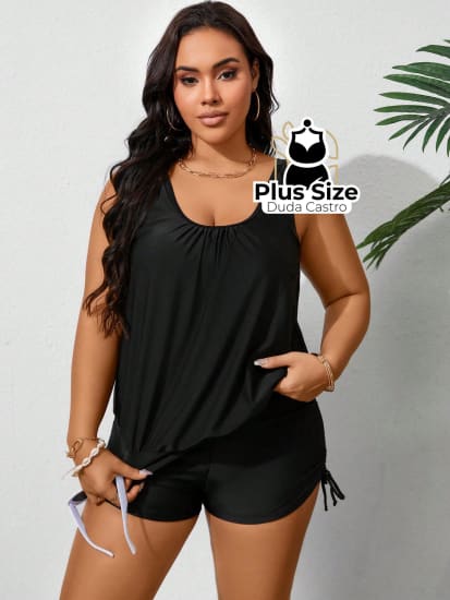 Tankini Liso Decote U E Short Com Detalhe Franzido