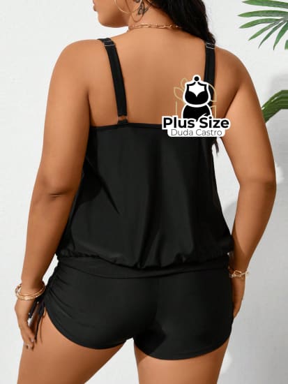 Tankini Liso Decote U E Short Com Detalhe Franzido