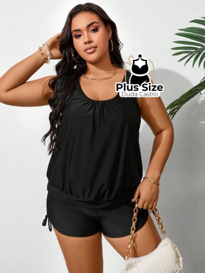 Tankini Liso Decote U E Short Com Detalhe Franzido