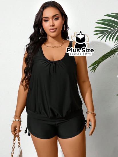 Tankini Liso Decote U E Short Com Detalhe Franzido