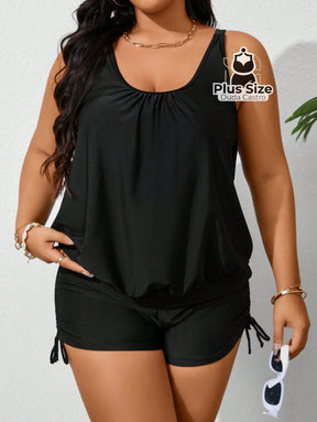 Tankini Liso Decote U E Short Com Detalhe Franzido