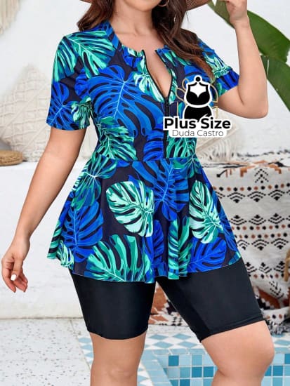 Tankini Plus Size Estampa Tropical Com Zíper De Manga Curta E Shorts Boxer