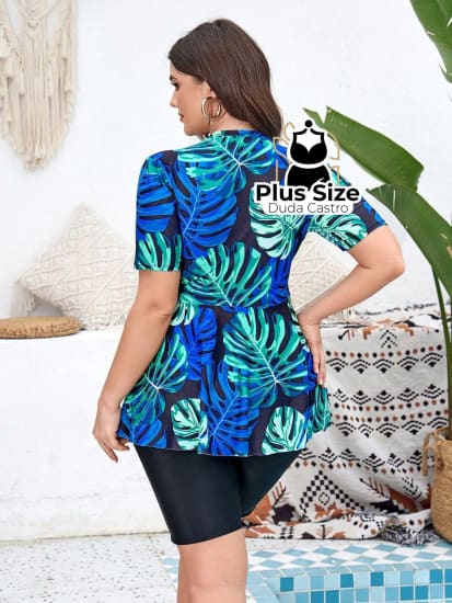 Tankini Plus Size Estampa Tropical Com Zíper De Manga Curta E Shorts Boxer