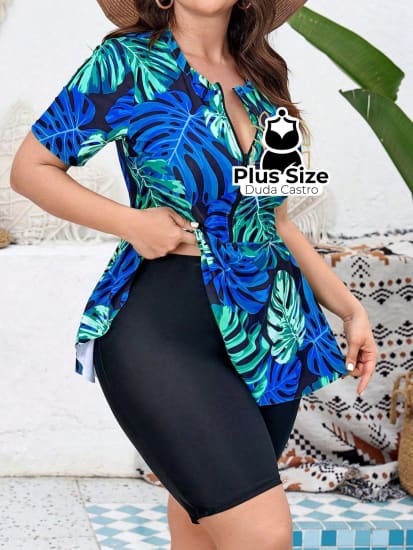 Tankini Plus Size Estampa Tropical Com Zíper De Manga Curta E Shorts Boxer