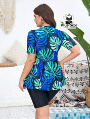 Tankini Plus Size Estampa Tropical Com Zíper De Manga Curta E Shorts Boxer