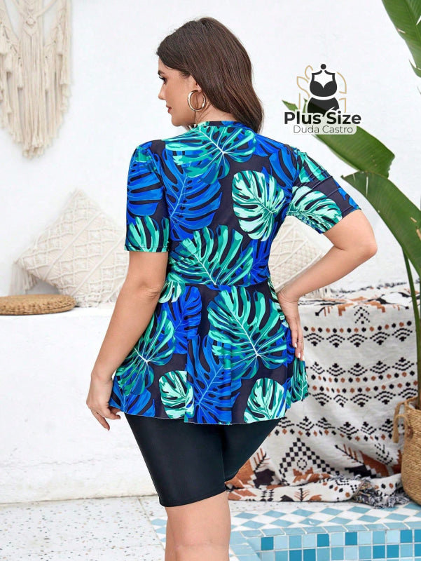 Tankini Plus Size Estampa Tropical Com Zíper De Manga Curta E Shorts Boxer