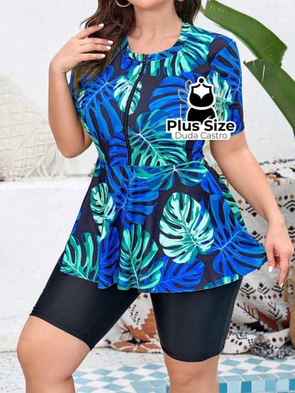 Tankini Plus Size Estampa Tropical Com Zíper De Manga Curta E Shorts Boxer