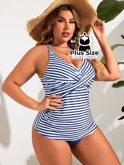 Tanquíni Listrado Plus Size Com Decote V Transpassado E Calcinha