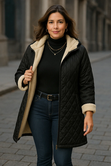 Jaqueta Acolchoada Plus Size com Capuz e Forro Fleece – Quentinha, Sofisticada e Imponente