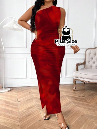 Vestido Acinturado Decote Assimétrico E Ombros Abertos Plus Size