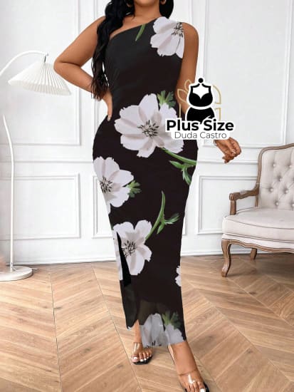 Vestido Acinturado Decote Assimétrico E Ombros Abertos Plus Size