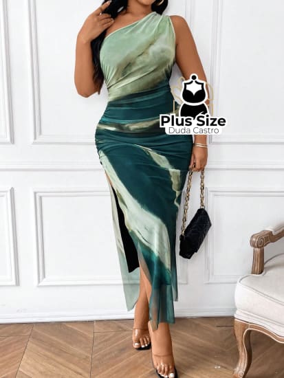 Vestido Acinturado Decote Assimétrico E Ombros Abertos Plus Size G / Verde