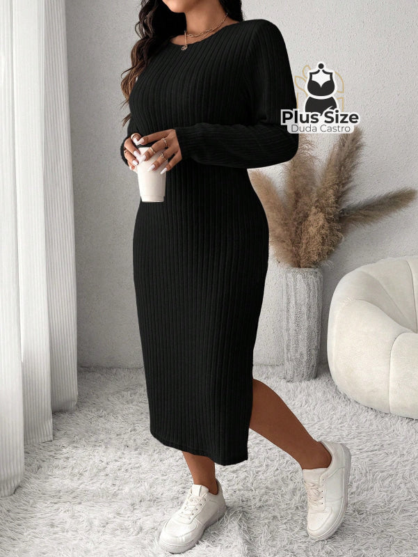 Vestido Ajustado com Fenda Lateral e Toque Macio Plus Size Várias Cores G / Preto 114 Vestido Ajustado com Fenda