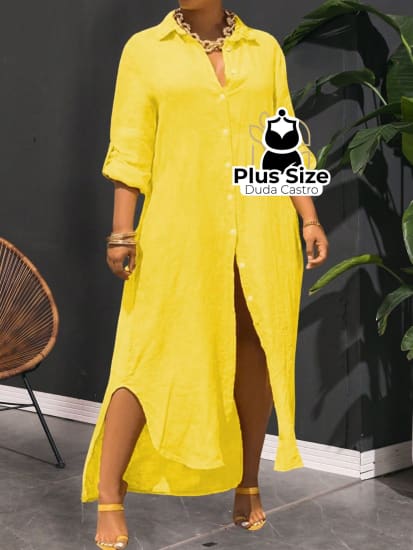 Vestido Camisa Amarelo Plus Size Com Frente De Botão G /