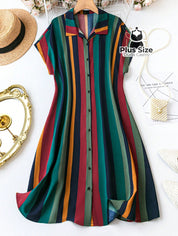 Vestido Estilo Camisa Listrada De Manga Curta Várias Cores Plus Size G / Multicolorido Vestidos Size