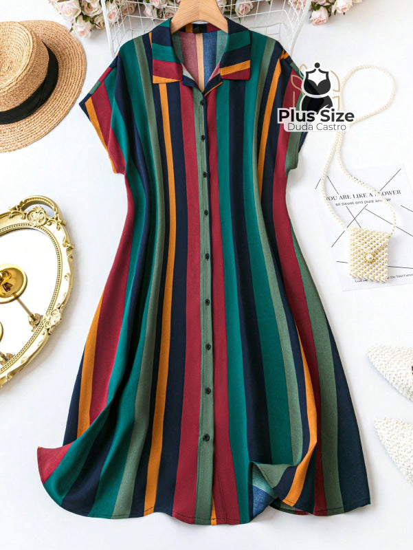 Vestido Estilo Camisa Listrada De Manga Curta Várias Cores Plus Size G / Multicolorido Vestidos Size