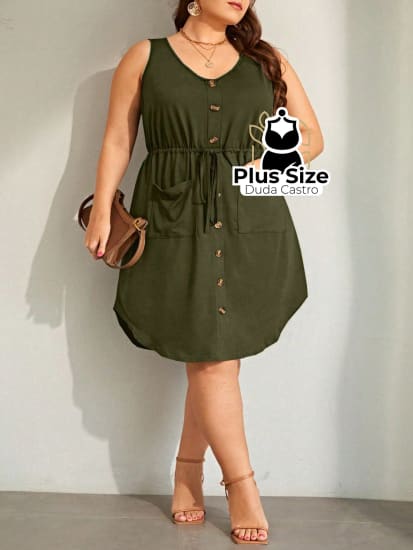 Vestido Casual Com Botões Frontais Bolso E Ajuste Na Cintura Plus Size Extra