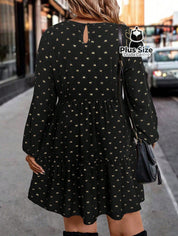 Vestido Clássico Decote Redondo Manga Longa e Pregas Estampado Plus Size Vestido Clássico Decote Redondo Manga Longa e