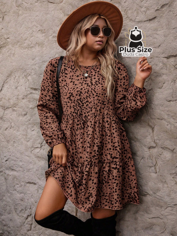 Vestido Clássico Decote Redondo Manga Longa e Pregas Estampado Plus Size Vestido Clássico Decote Redondo Manga Longa e