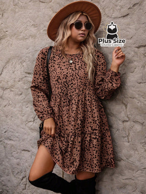 Vestido Clássico Decote Redondo Manga Longa e Pregas Estampado Plus Size Vestido Clássico Decote Redondo Manga Longa e