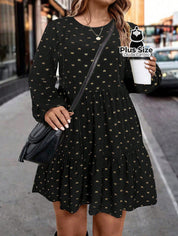 Vestido Clássico Decote Redondo Manga Longa e Pregas Estampado Plus Size Vestido Clássico Decote Redondo Manga Longa e