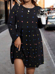 Vestido Clássico Decote Redondo Manga Longa e Pregas Estampado Plus Size Vestido Clássico Decote Redondo Manga Longa e