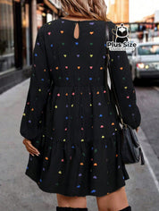 Vestido Clássico Decote Redondo Manga Longa e Pregas Estampado Plus Size Vestido Clássico Decote Redondo Manga Longa e