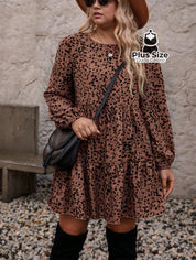 Vestido Clássico Decote Redondo Manga Longa e Pregas Estampado Plus Size Vestido Clássico Decote Redondo Manga Longa e