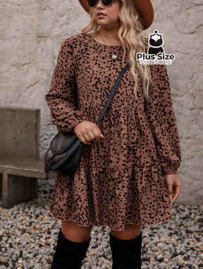 Vestido Clássico Decote Redondo Manga Longa e Pregas Estampado Plus Size Vestido Clássico Decote Redondo Manga Longa e