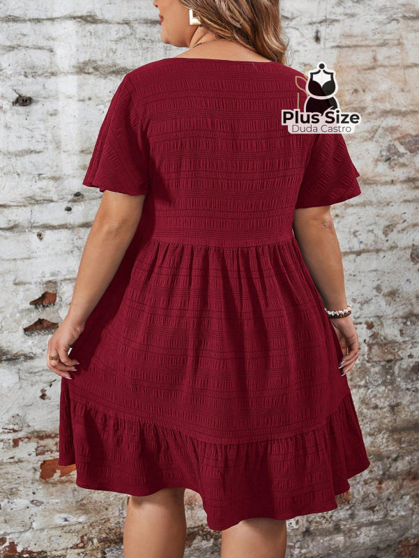 Vestido Com Bainha Ruffle Gola Redonda Liso Várias Cores Plus Size